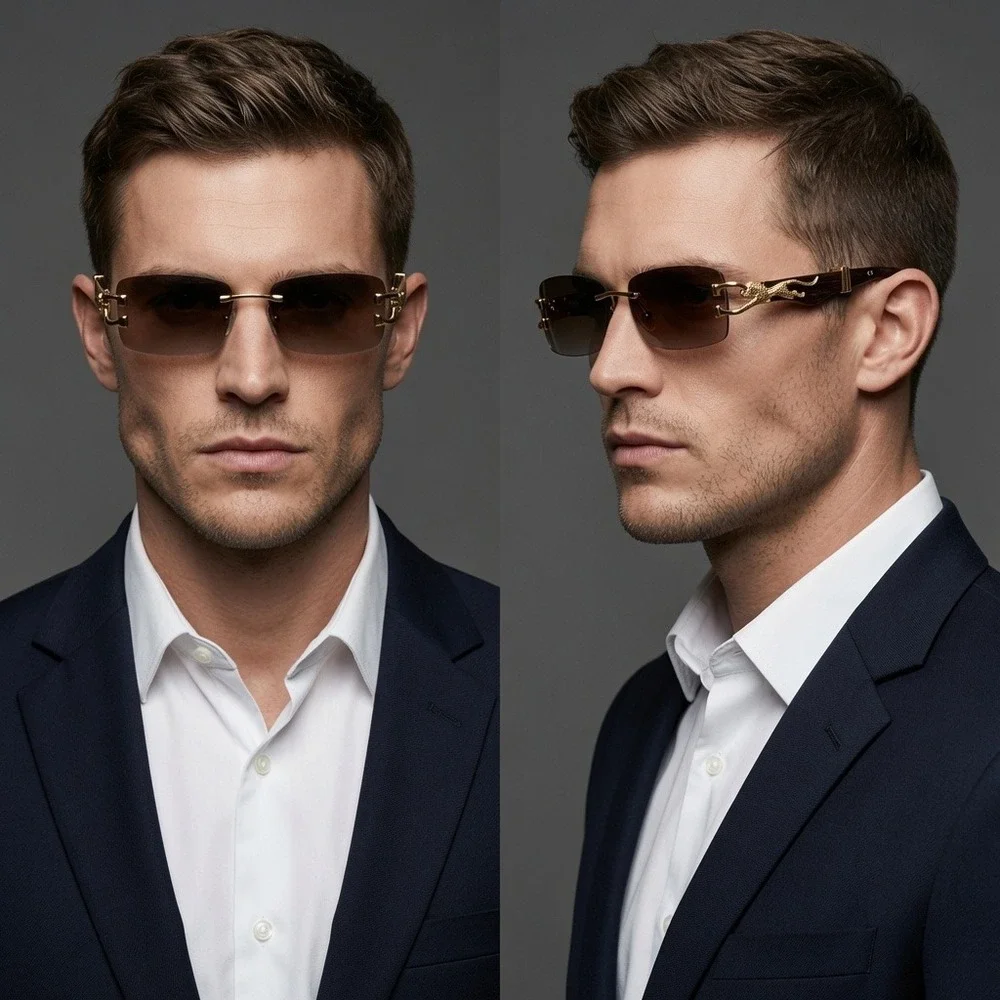 Mens Sunglasses Rimless, 90s Aesthetic Brown Lens G-Funk, Summer Fashion Retro